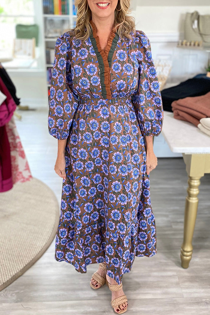 Floral Print Ruffle V-Neck Midi Dress