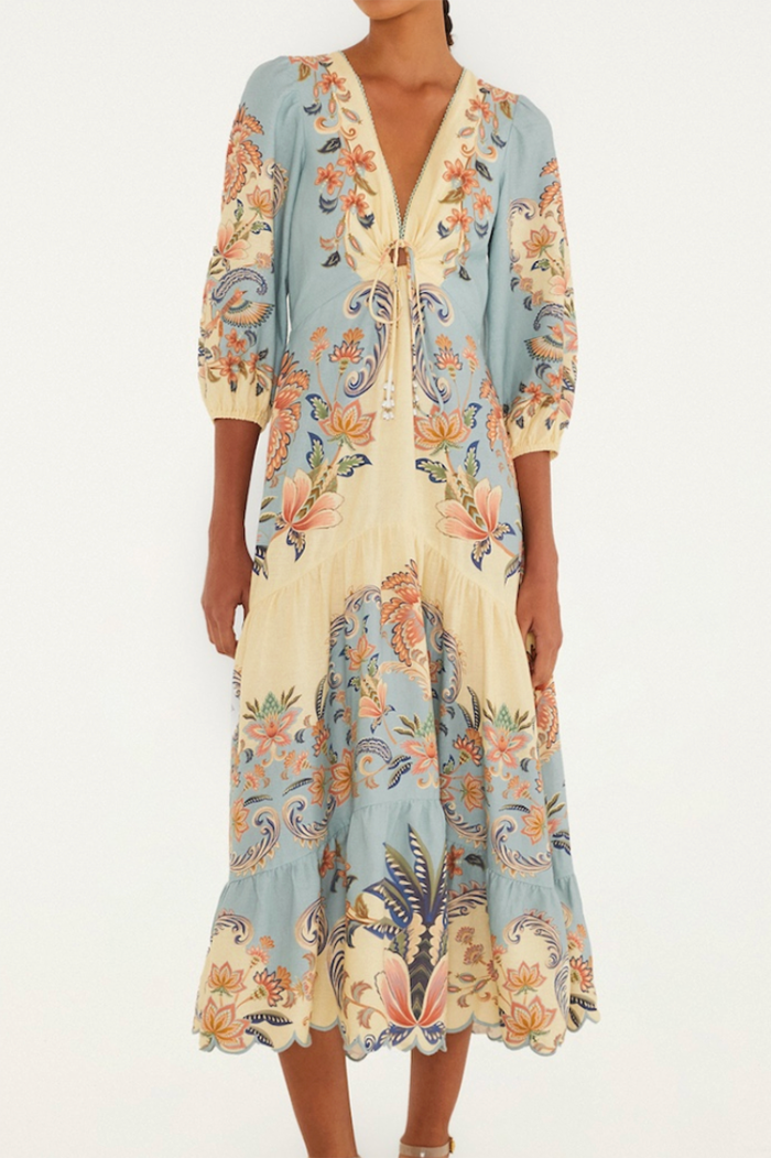 3/4 Sleeve Scallop Hem Maxi Dress