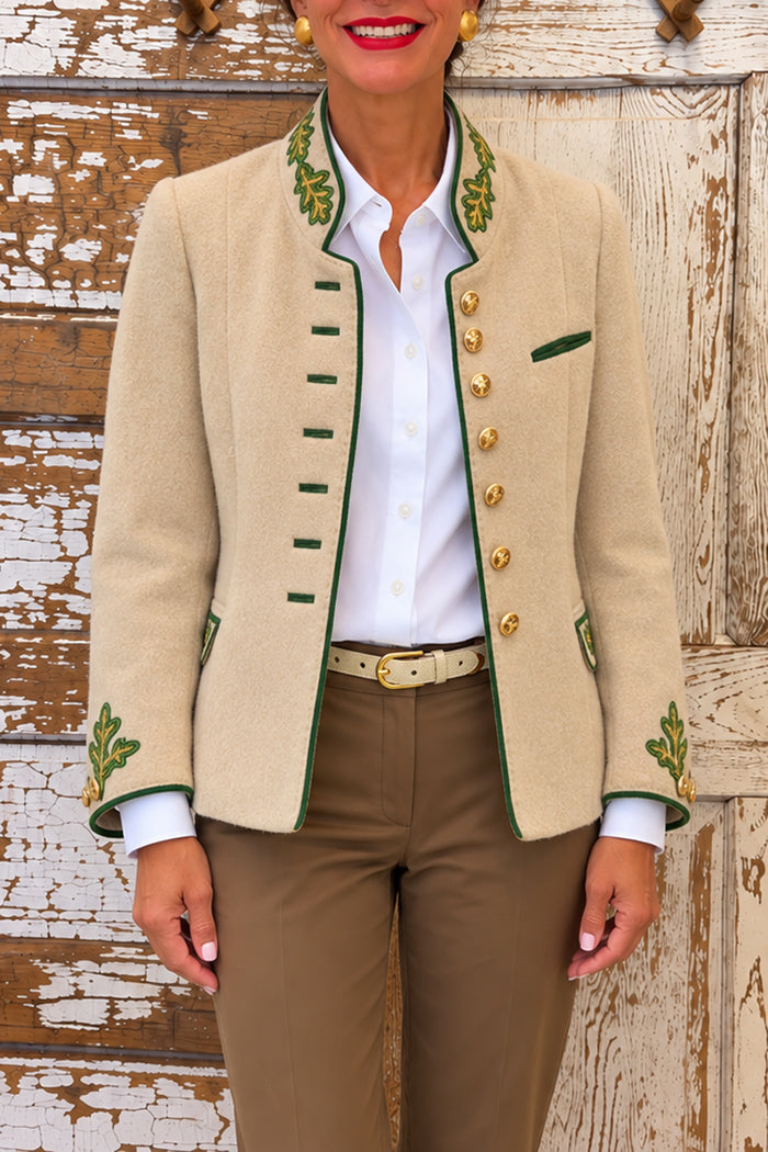 Beige Embroidered Wool Pocket Jacket