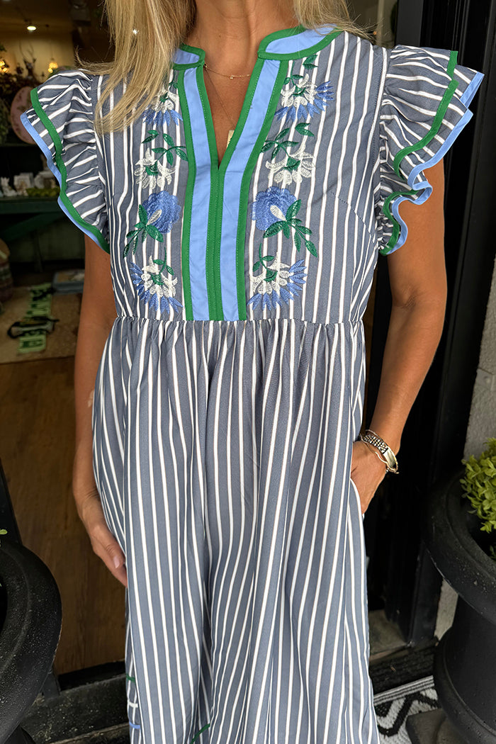 Striped Embroidered Pocket Denim Dress