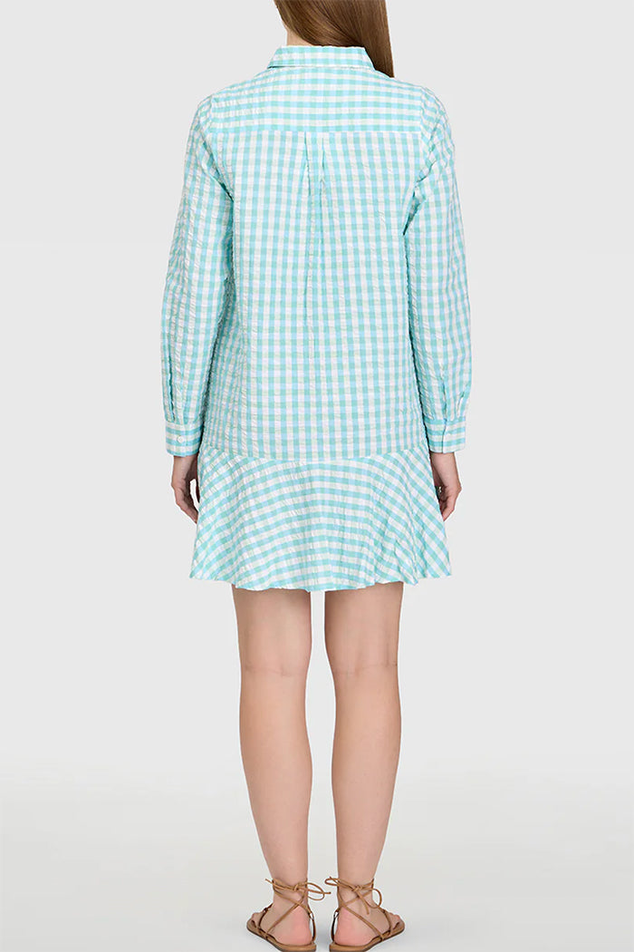 Mint Green Check Button Front Long Sleeve Dress