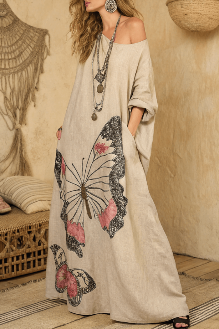 Butterfly Print Pocket One-Shoulder Dress