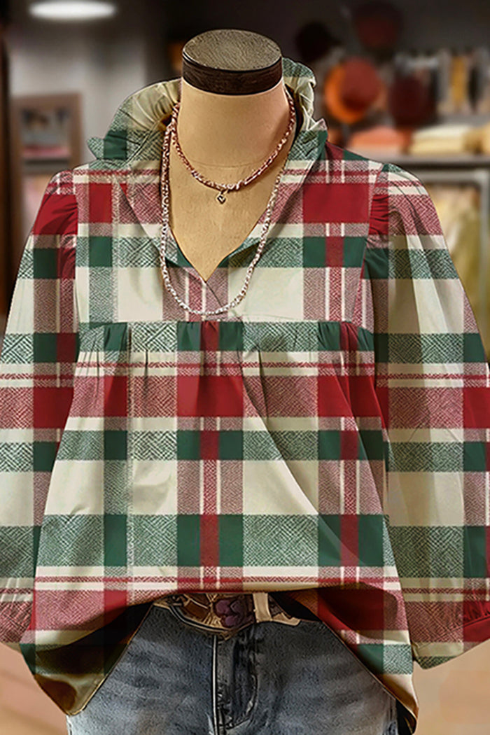 Plaid Print Ruffled V-Neck Puff-Sleeve Blouse