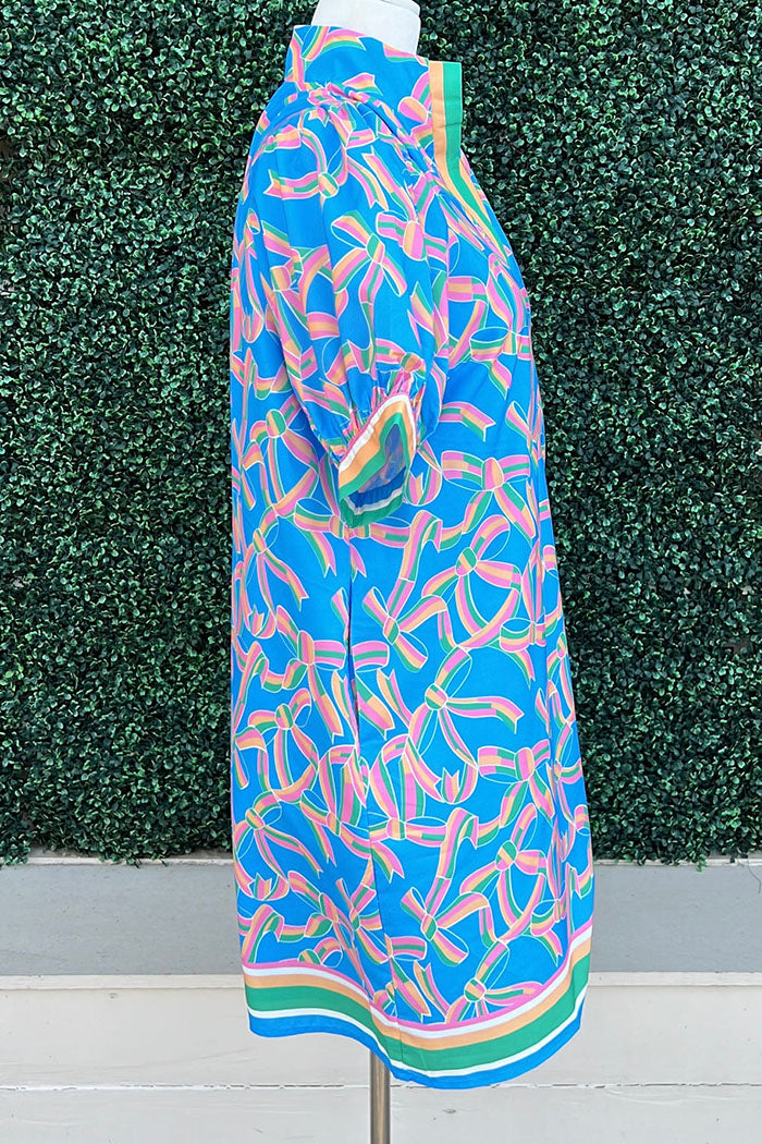 Stripe Trim Bow Print Pocket Dress