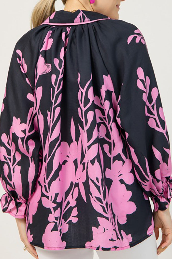 Midnight Floral Ruffle Cuff Blouse