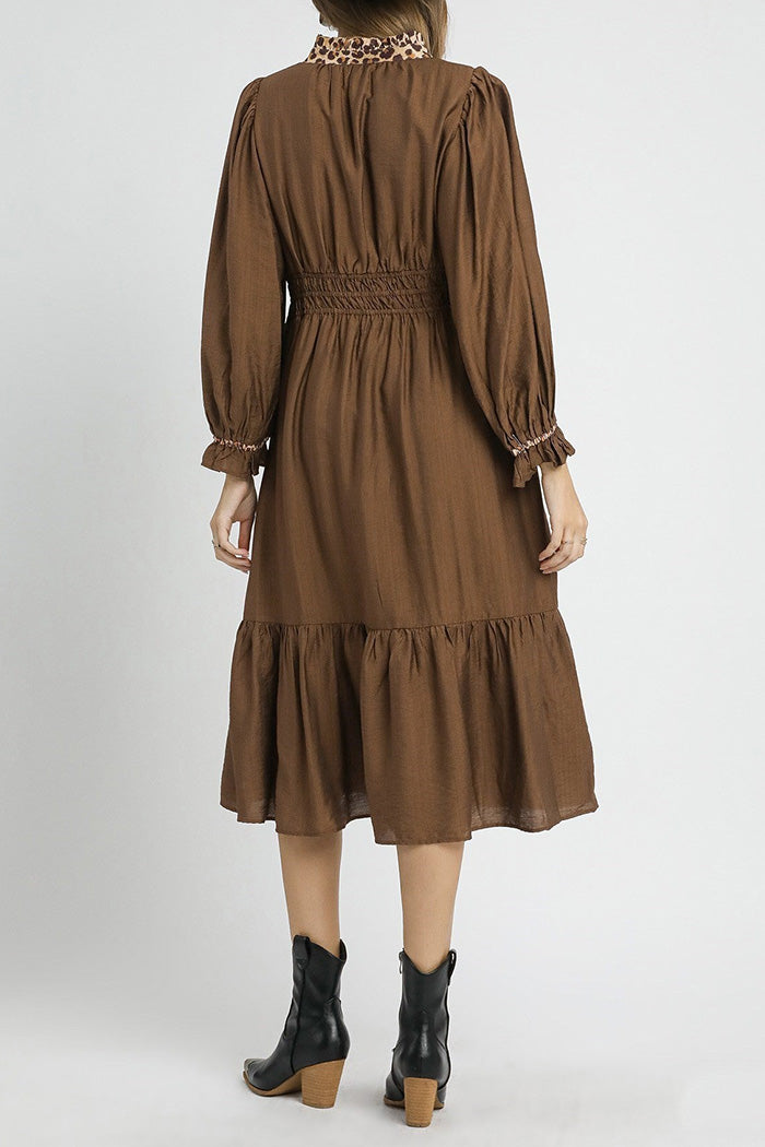 Leopard Trim Smocked Waist Midi Dress