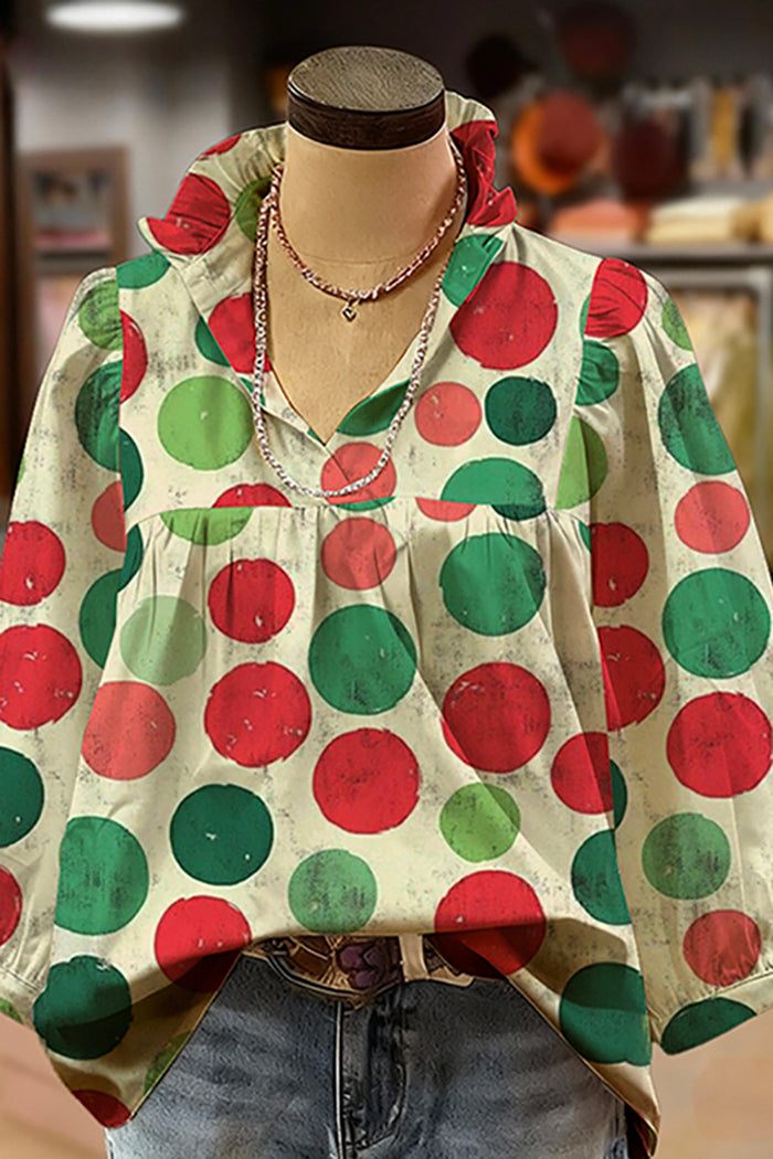 Polka Dot Print Ruffled V-Neck Puff-Sleeve Blouse