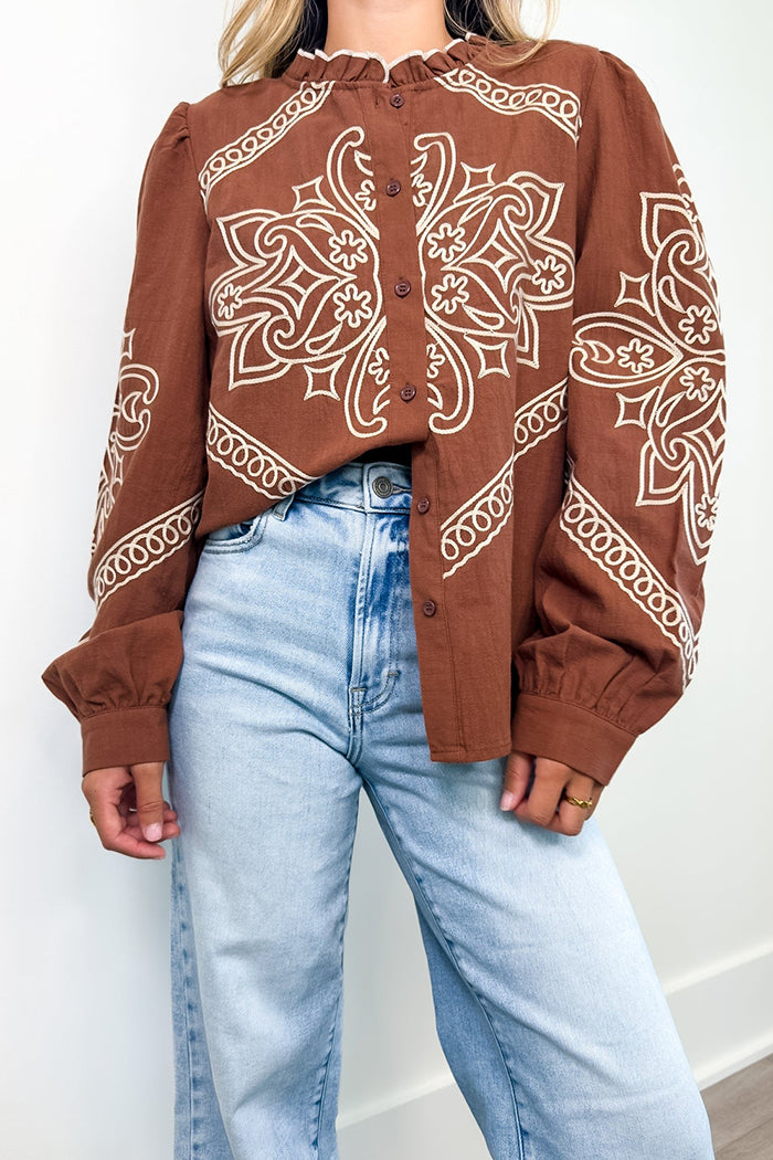 Embroidered Ruffled Button-Down Blouse