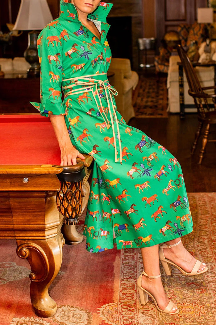 Vibrant Equine-Print Shirt Collar Maxi Shirt Dress
