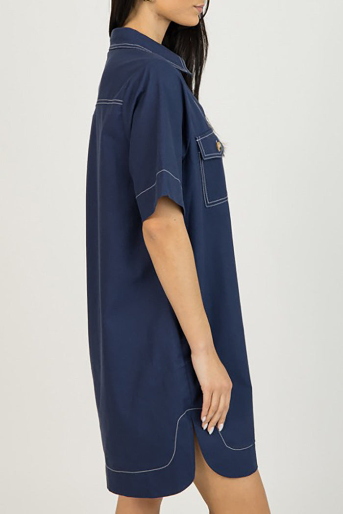 Classic Navy Pocket Button Down Shirt Dress