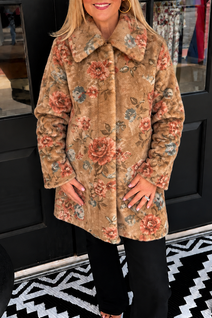 Floral Pattern Faux Fur Coat