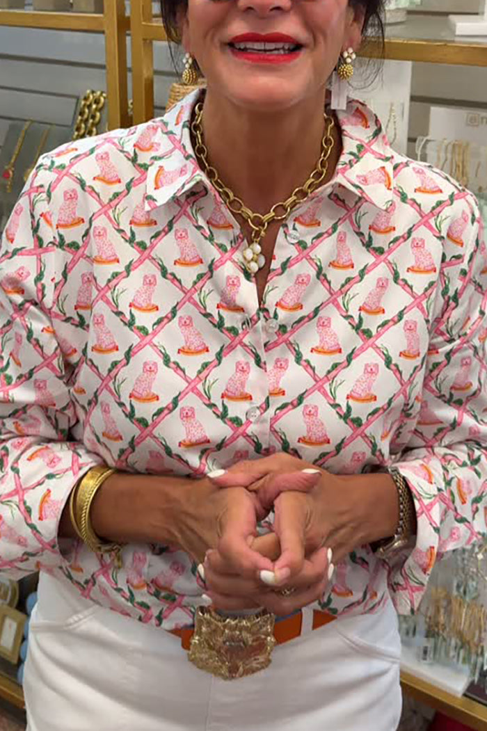 Whimsical Cat Pattern Pink Blouse