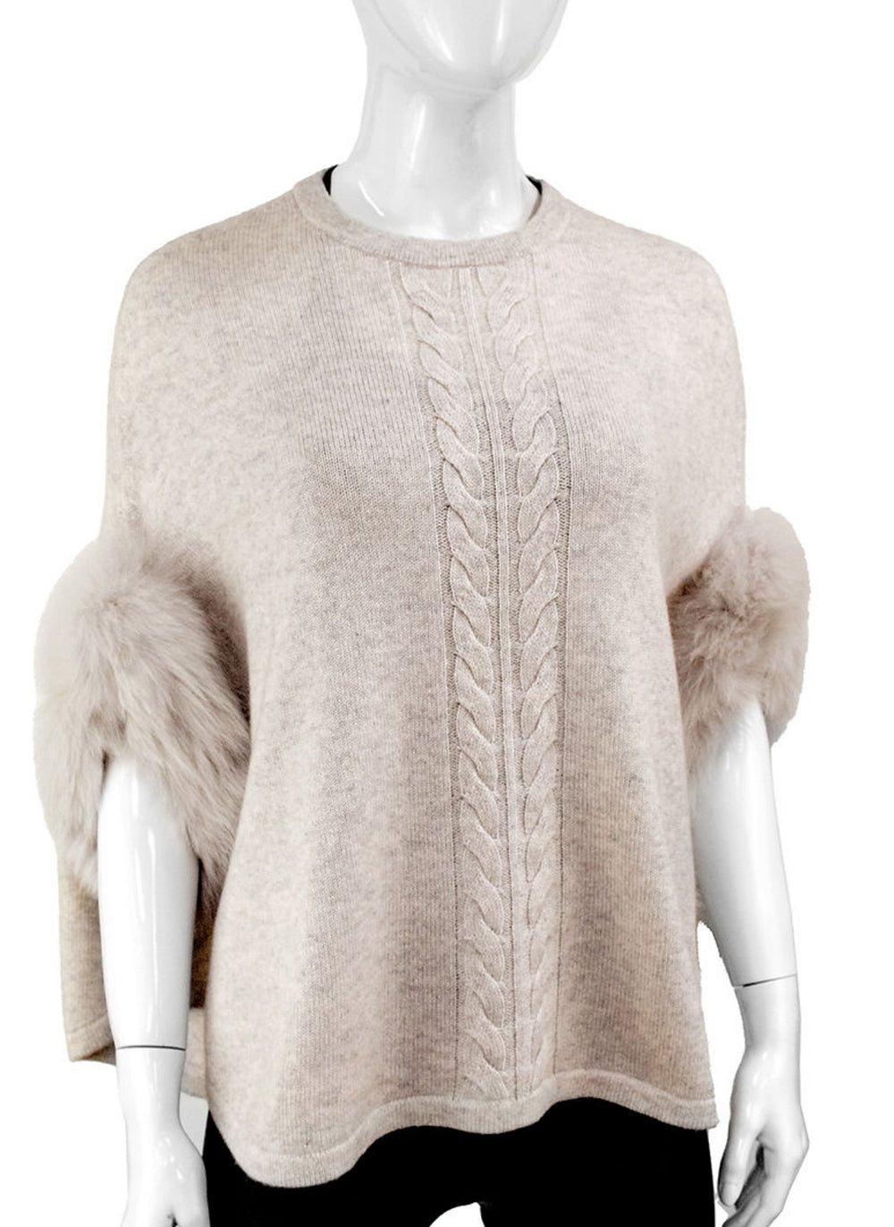 Fox Fur Trim Cable Strip Sweater Poncho