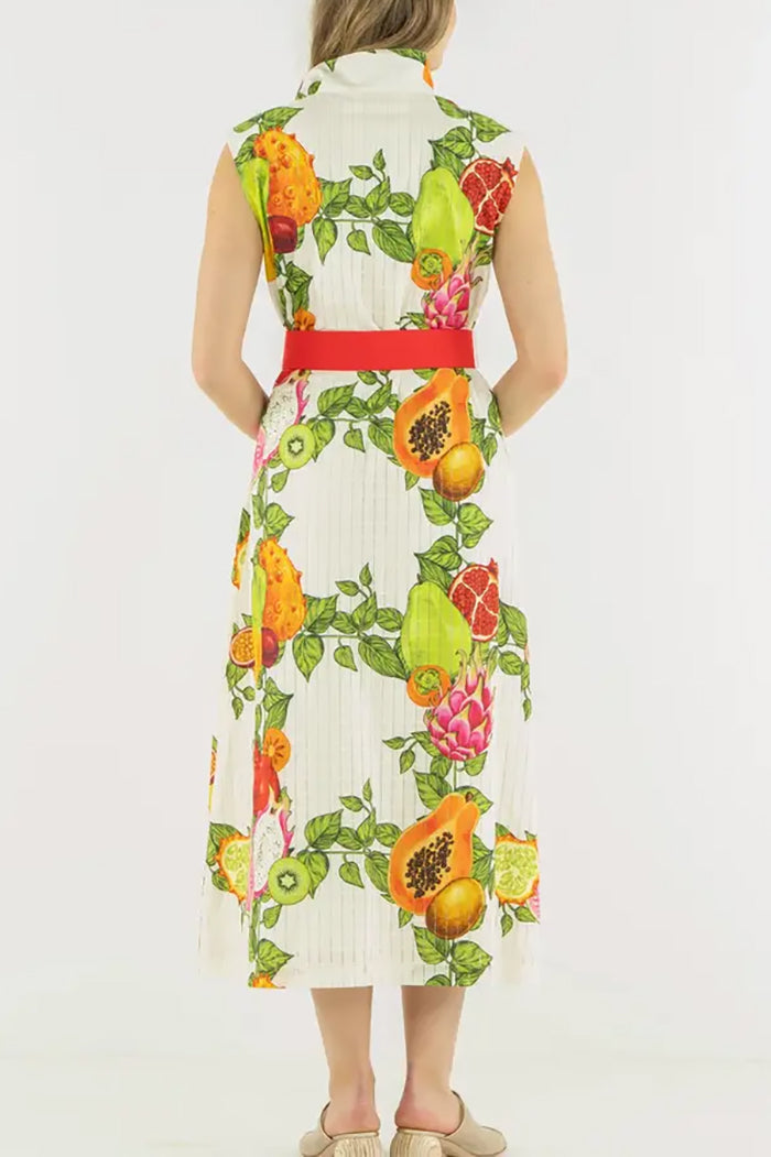 Sleeveless Fruit Print Belted Dress