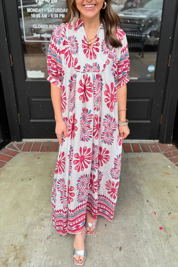 V-Neck Short Sleeve Floral Dress