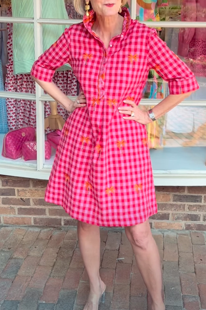 Hot Pink Check Pocketed Collared Shirt Dress