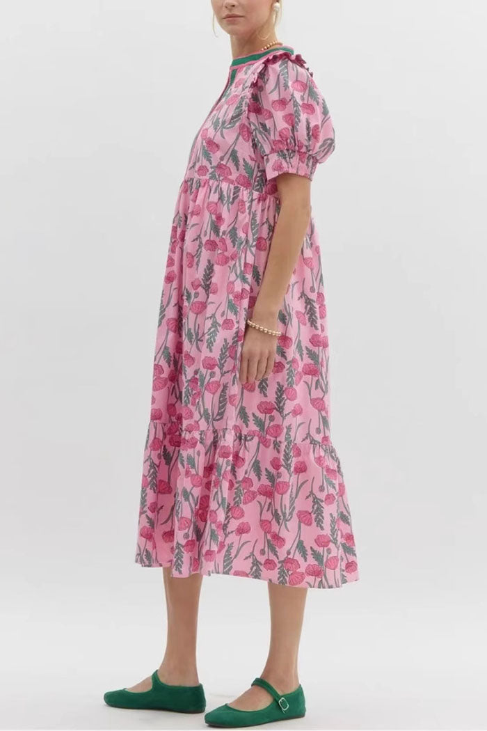 Puff Sleeve Rose Print Dress