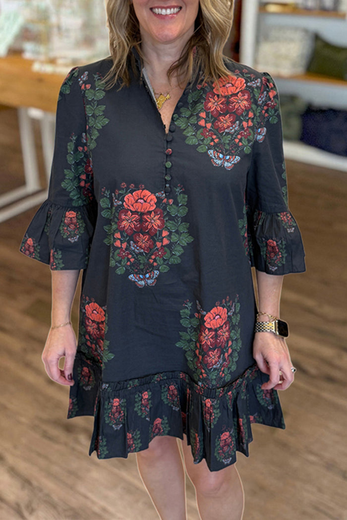 Floral Print Ruffled-Hem Bell Sleeve Dress
