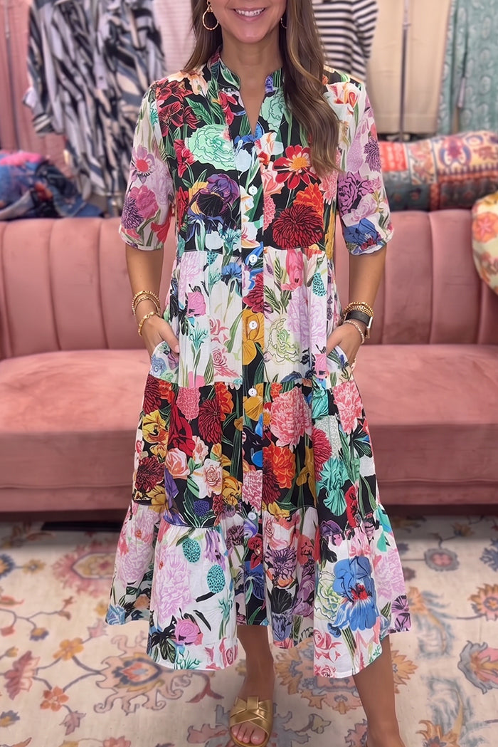 Colorful Floral Tiered Dress Pocket Dress