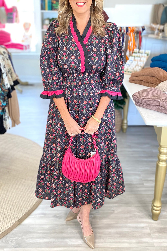 Pocketed Floral Print 3/4 Puff Sleeve Midi Dress