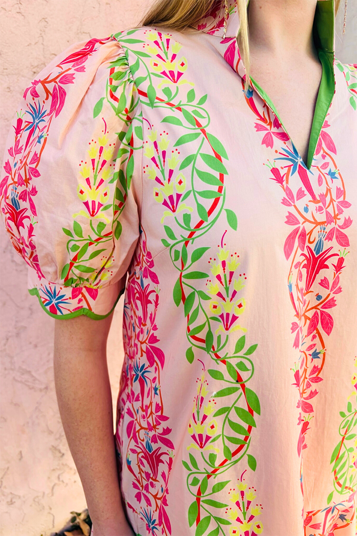 Vine Print Pocket Scallop Hem Dress