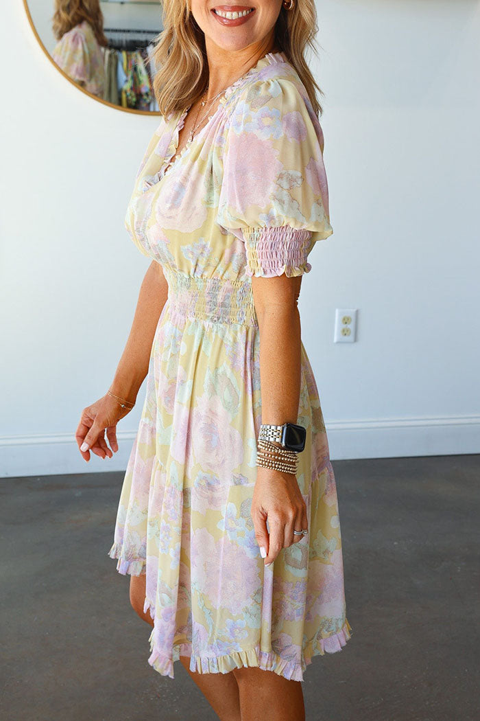 V-Neck Pleated Waist Floral Dress