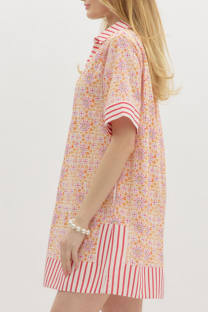 Abstract Floral Stripe Trim Pocket Dress