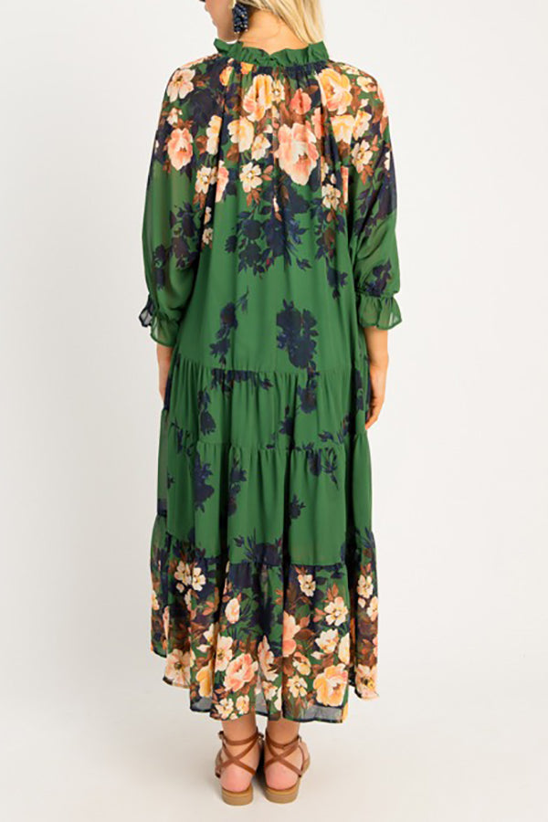 Elasticized Ruffle Collar Floral Dress