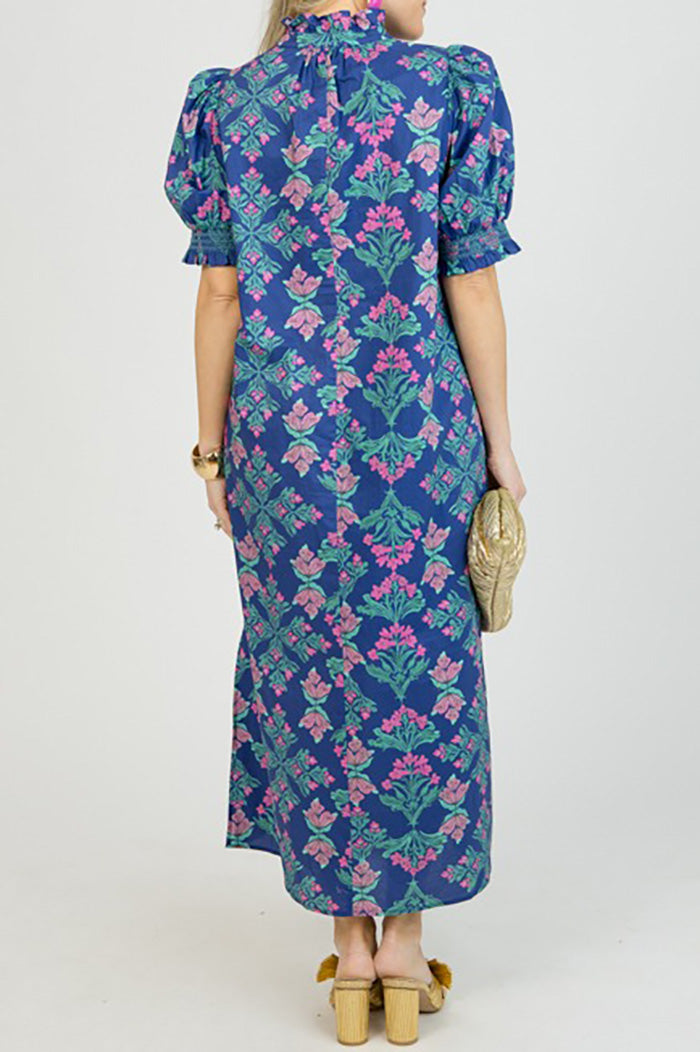 Navy Floral Ruffle Collar Pocket Maxi Dress