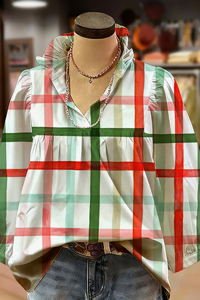 Plaid Print Ruffled V-Neck Puff-Sleeve Blouse