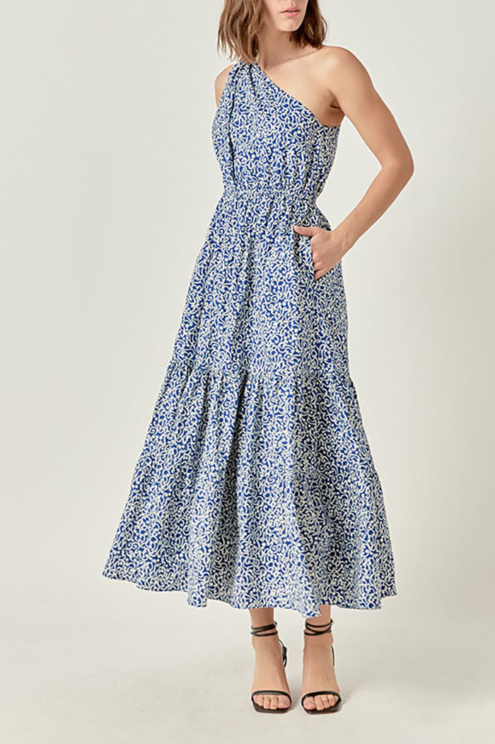 One Shoulder Printed Pocket Maxi Dress