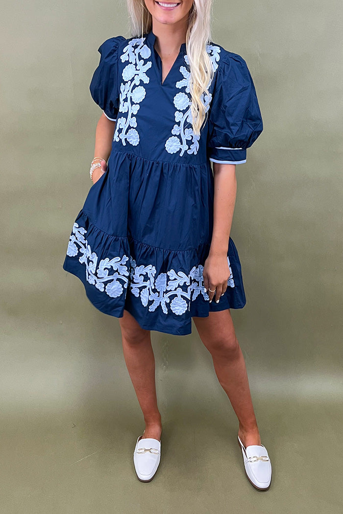 Pocketed Starry Florals Embroidered Mini Dress
