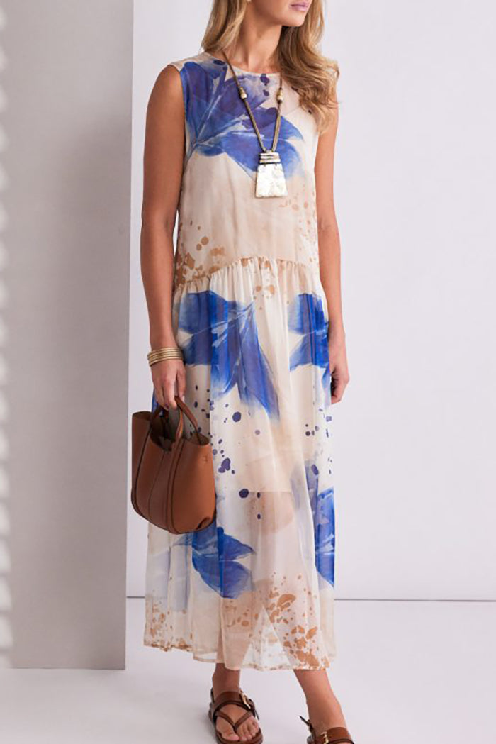 Mesh Sleeveless Leaf Print Waisted Dress