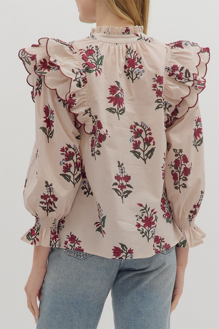 Scallop Edge Floral Ruffle Blouse