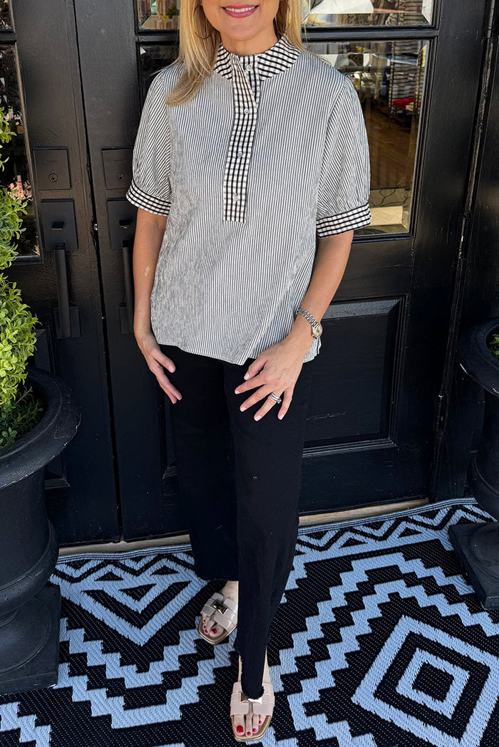Gingham Trim Stripe Puff Sleeve Top