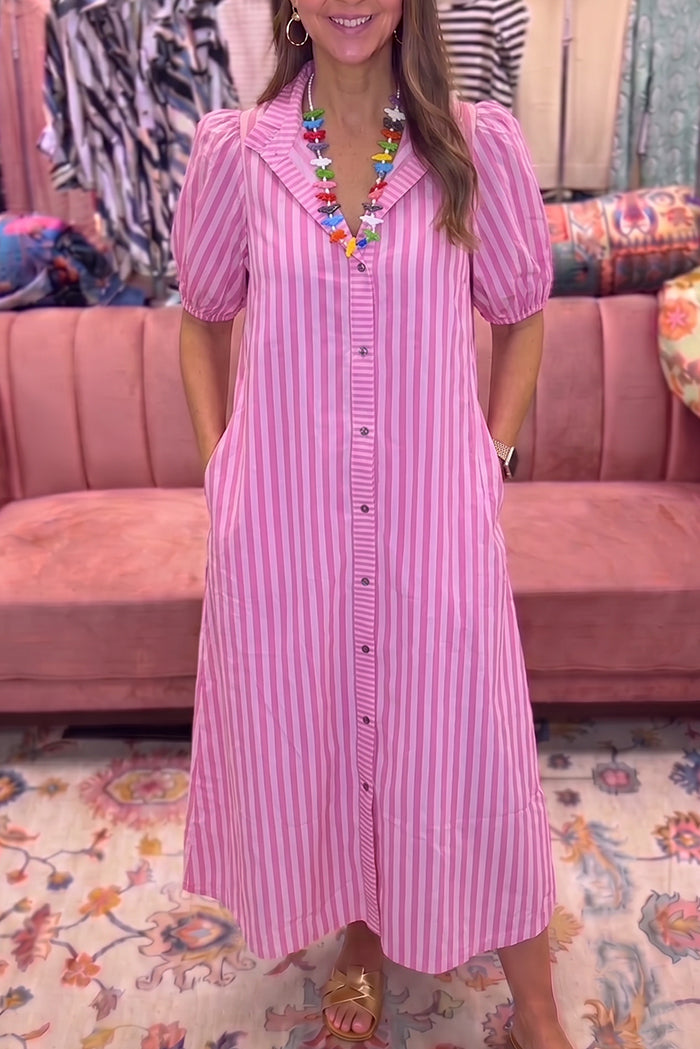 Pink Stripe Button Front Shirt Dress
