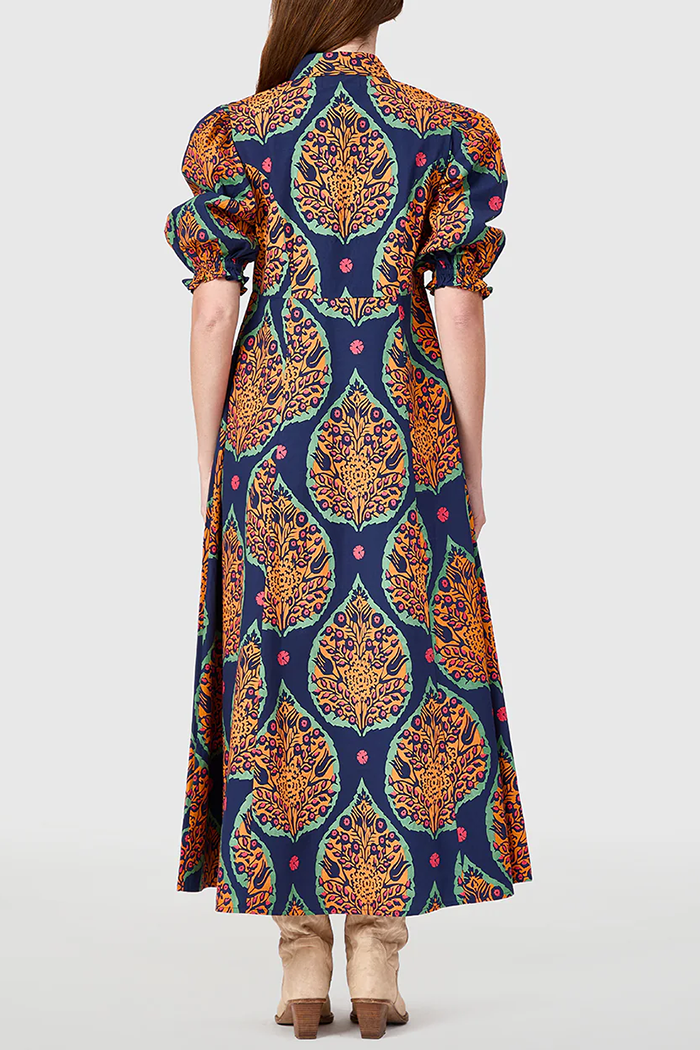 Botanical Print Puff Sleeve Button-Front Pocket Dress