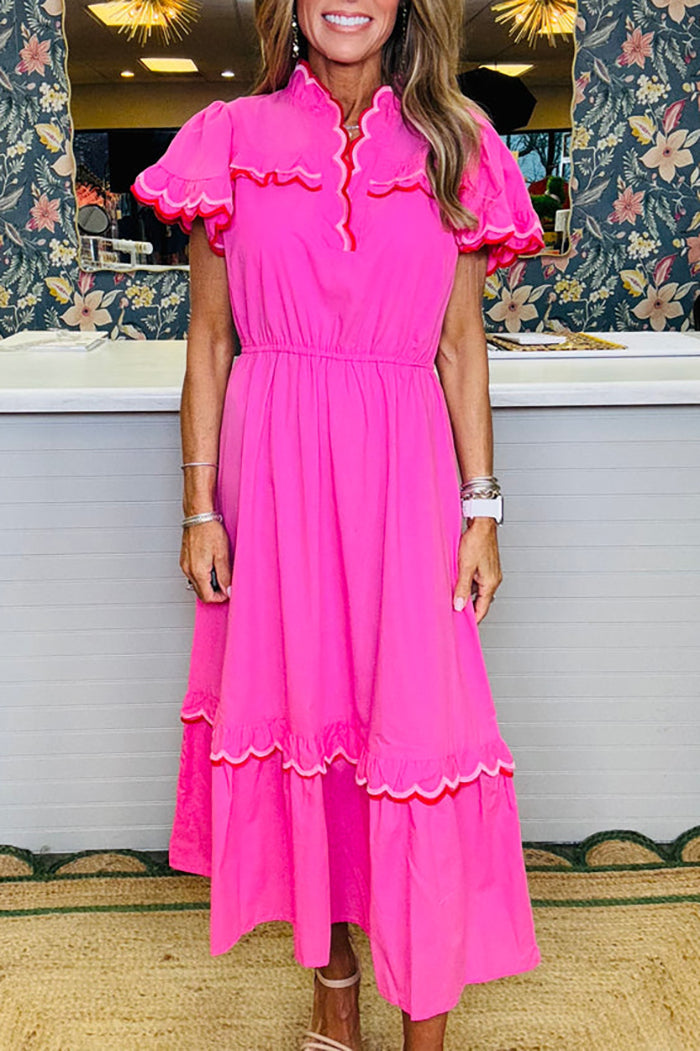 Scalloped Trim Flutter Sleeve Midi Dress