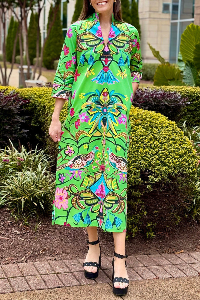 Pocketed V-Neck Printed Maxi Dress