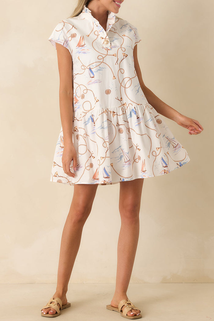 Ivory Multi Nautical Print Tiered Hem Dress