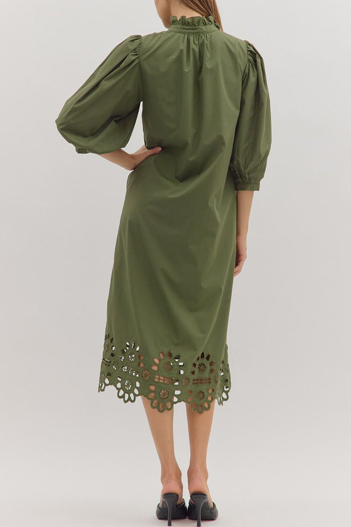 Scallop Cutout Hem Puff Sleeve Pocket Midi Dress