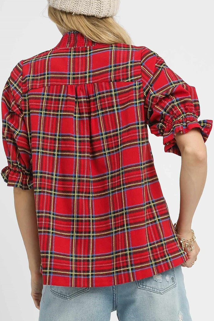 Plaid Smocked V-Neck Flannel Top