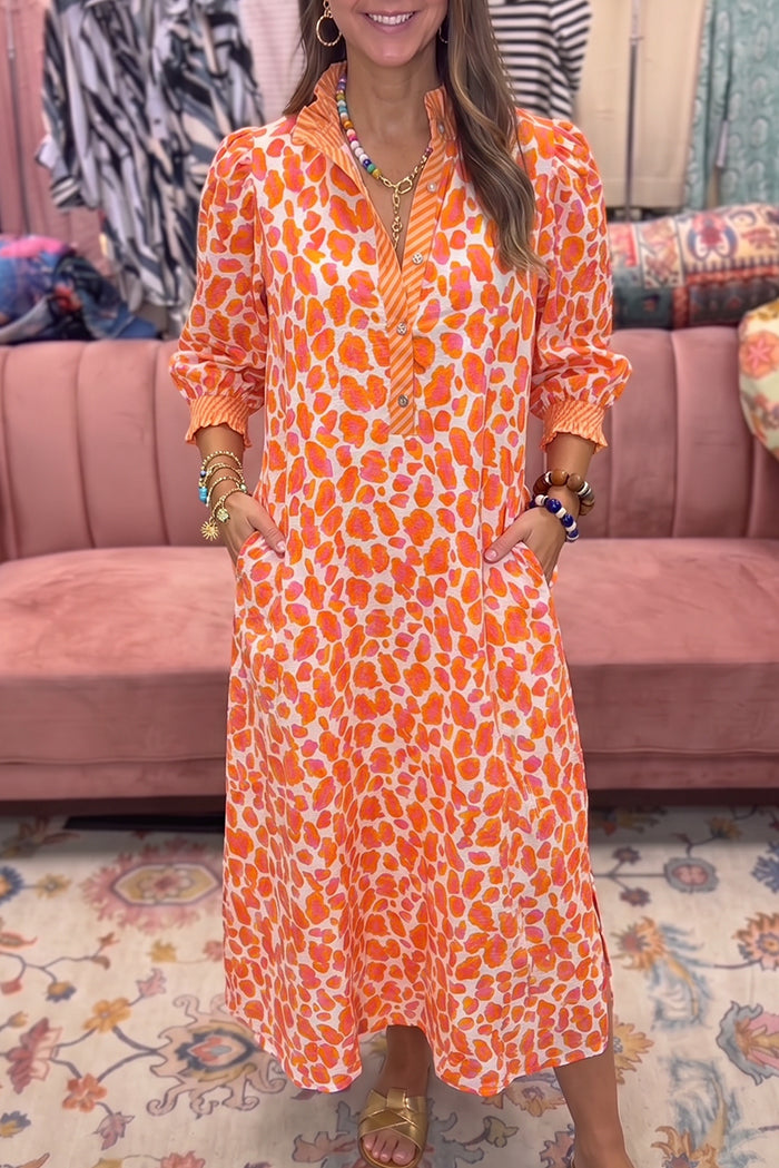 Orange Leopard Print Pocket Dress