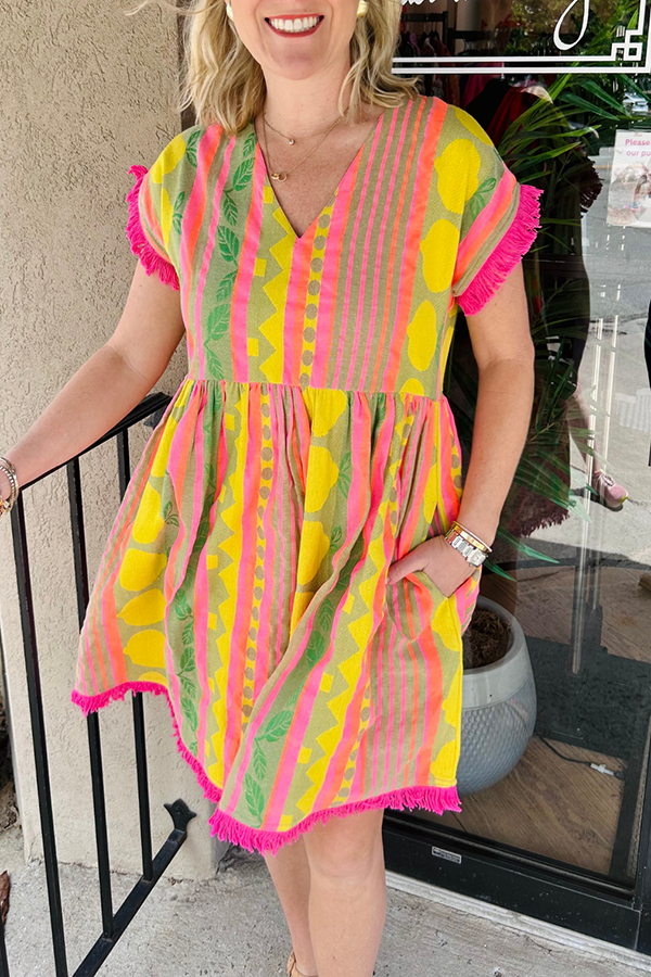 V-Neck Lemon Print Pocket Dress