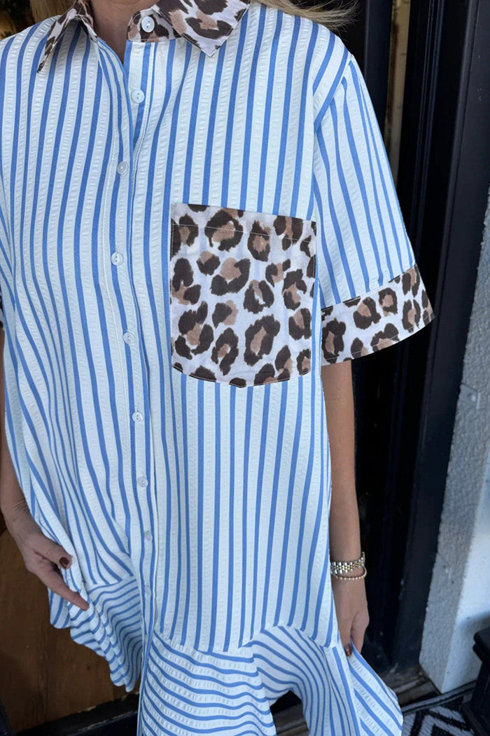 Striped Leopard Patch Shirt Dress