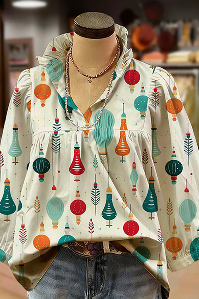 Print Ruffled V-Neck Puff-Sleeve Blouse