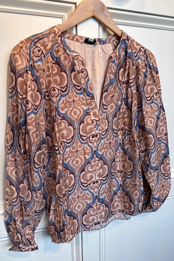 Retro Patterned V-Neck Top