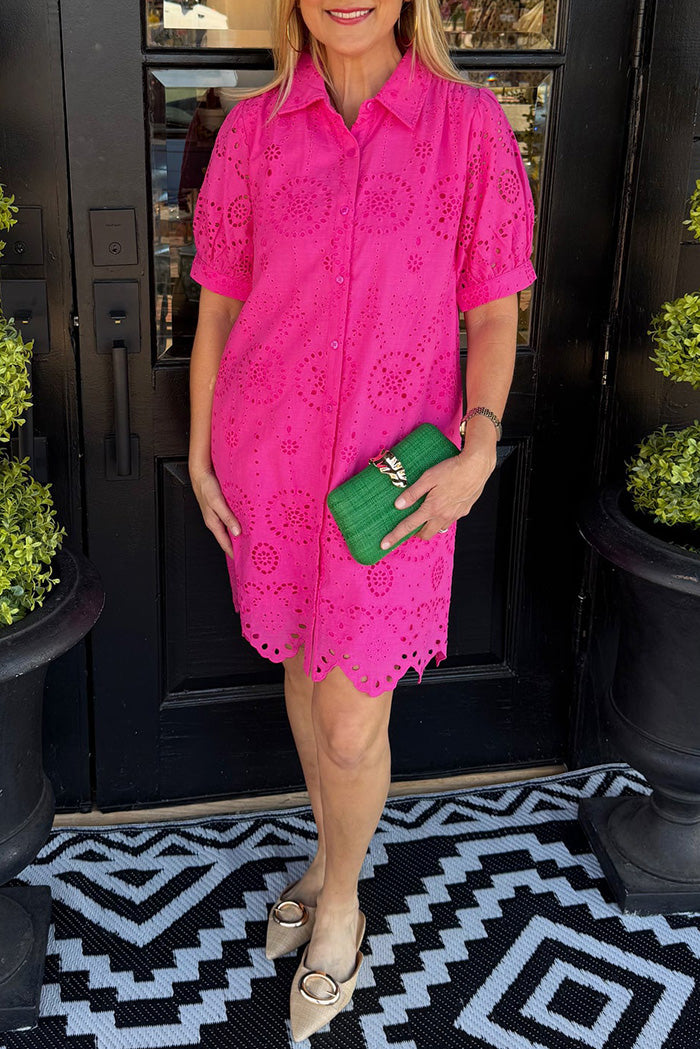 Pocketed Hot Pink Eyelet Dress