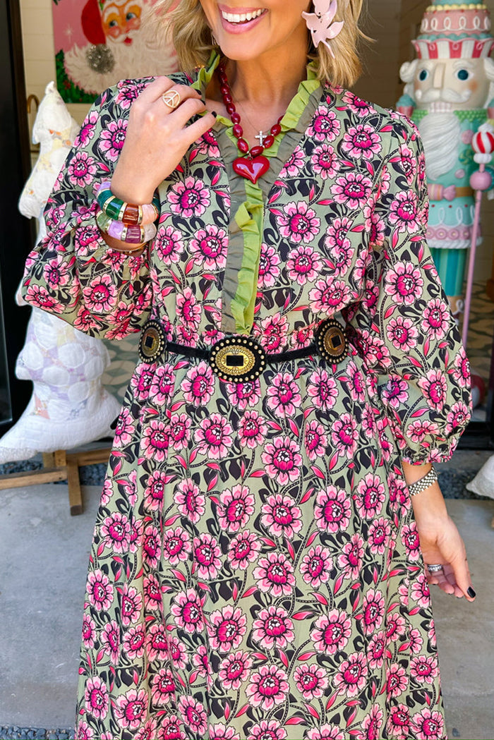 Casual Ruffle Trim Floral Midi Dress