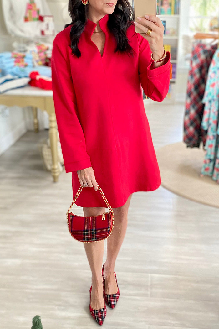 Red Knit Stand-Up Collar Shift Dress